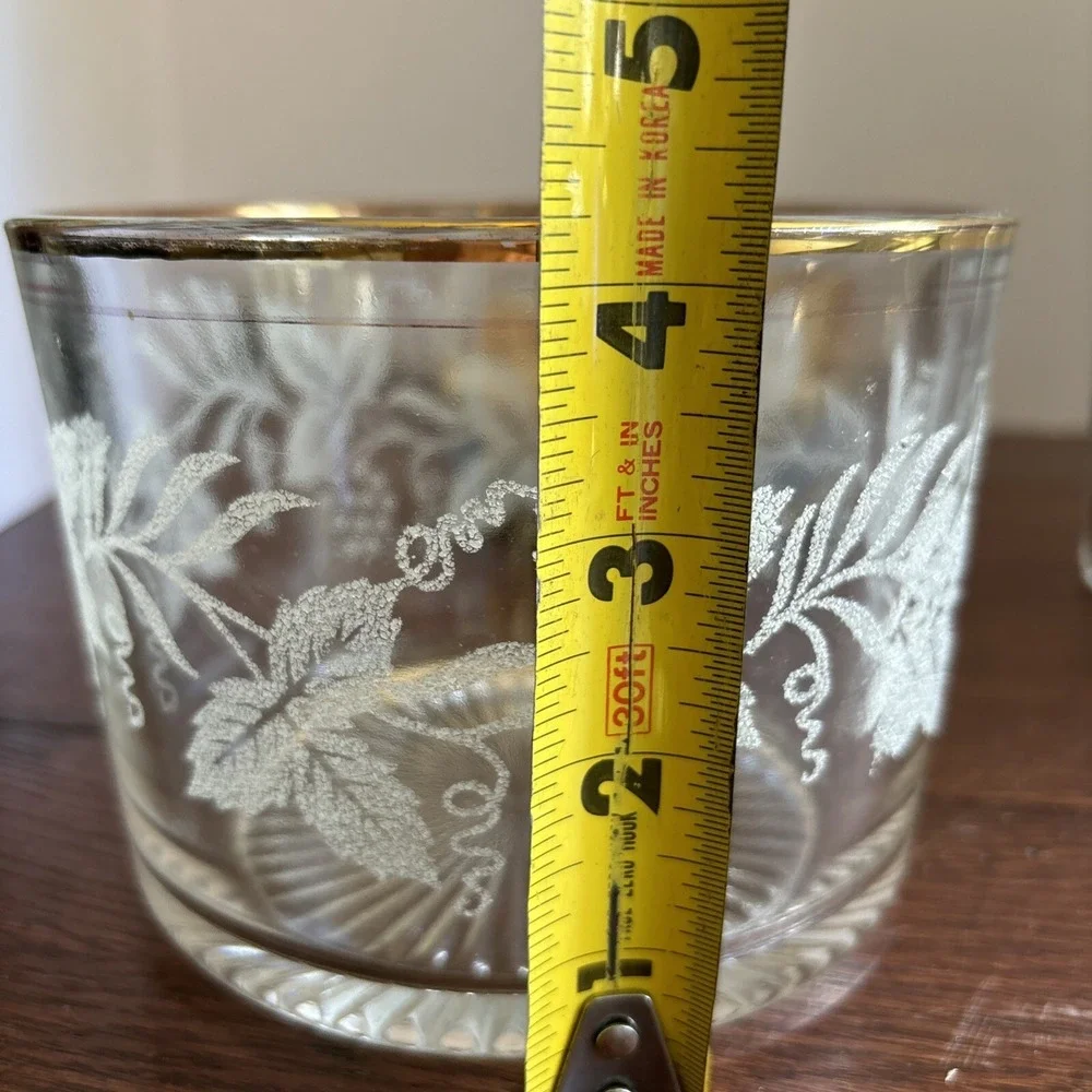 VTG Bartlett Collins Frosted Grape Leaf Gold Rim Glasses 8oz (4) W/ Ice Bucket